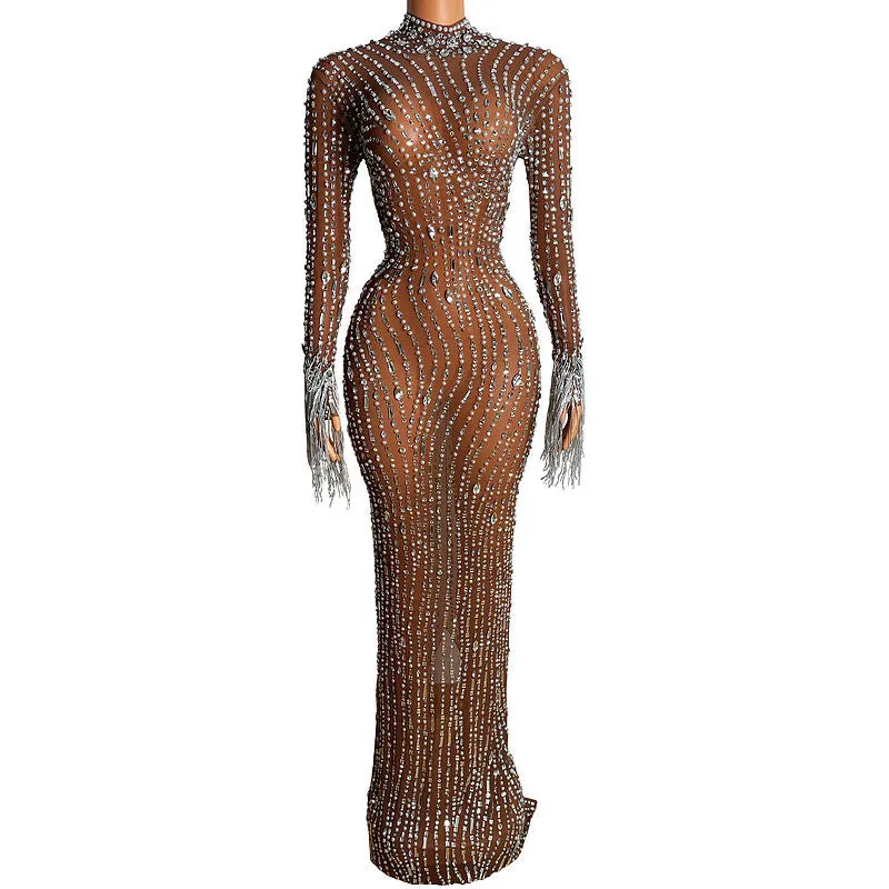 Shiny diamonds brown mesh dress