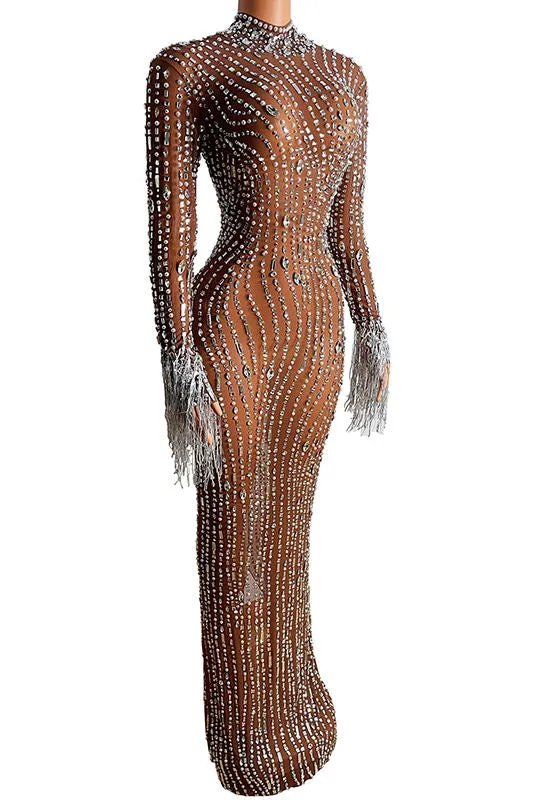 Shiny diamonds brown mesh dress