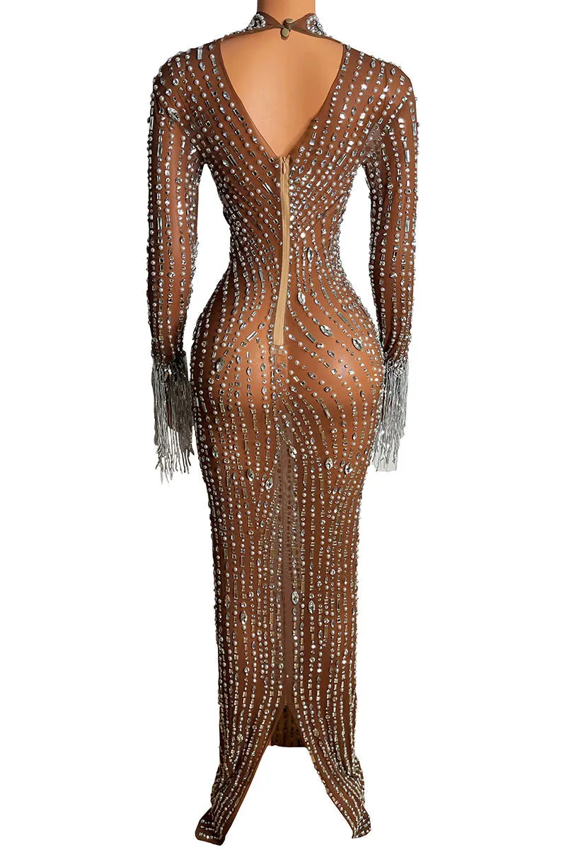 Shiny diamonds brown mesh dress