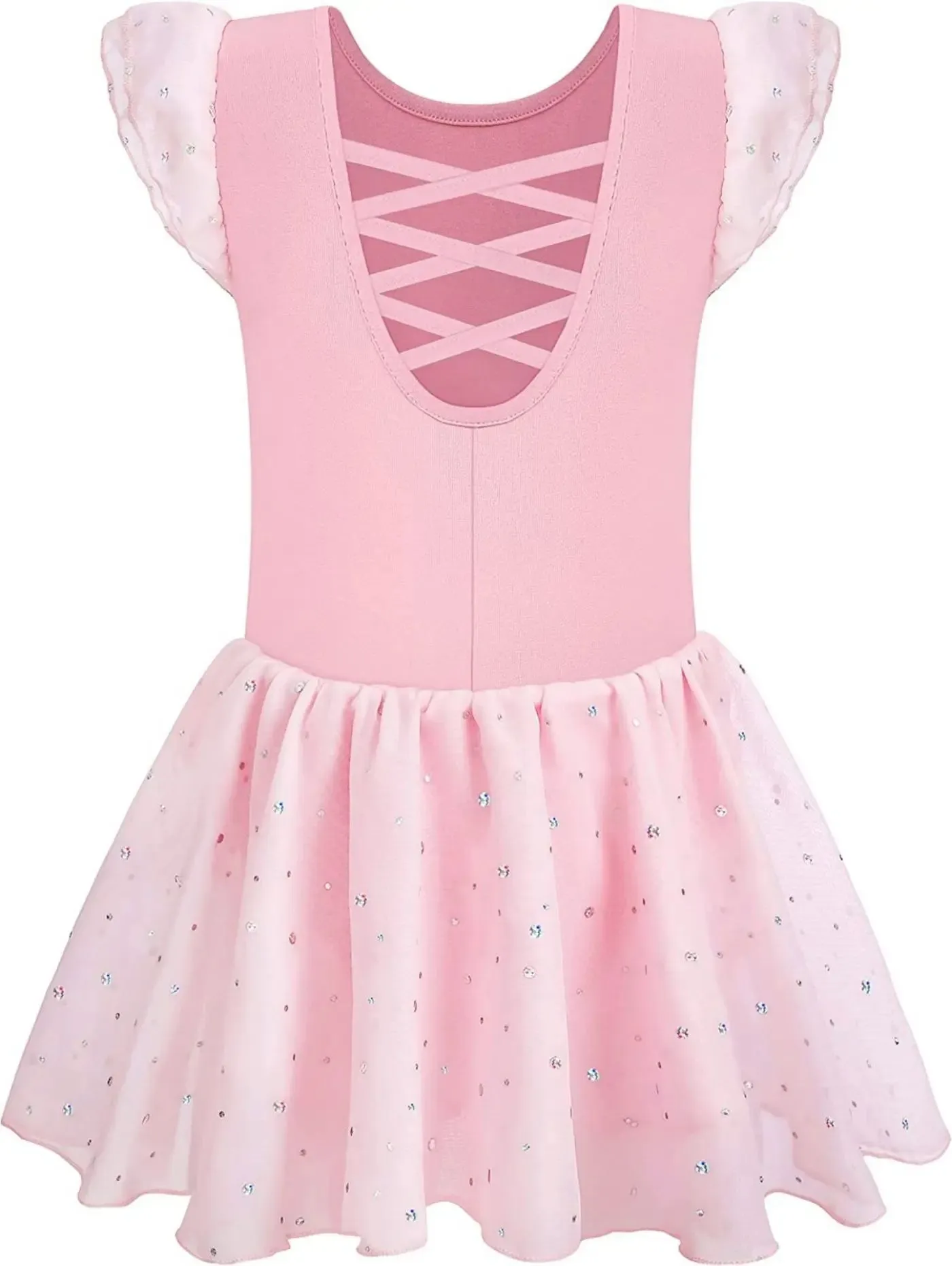 Shiny Skirt Ballet Dance Leotard for Girls - Ruffle Sleeve with Crisscross Back