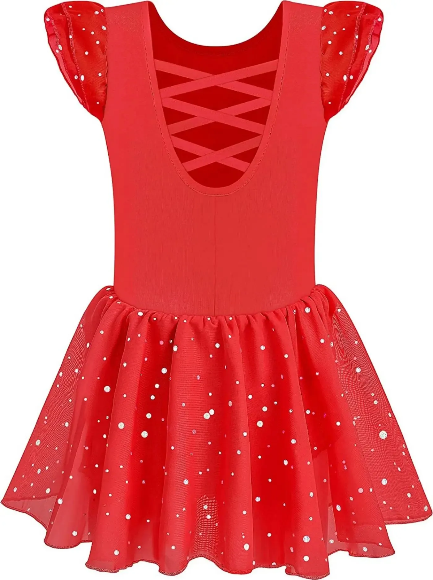 Shiny Skirt Ballet Dance Leotard for Girls - Ruffle Sleeve with Crisscross Back