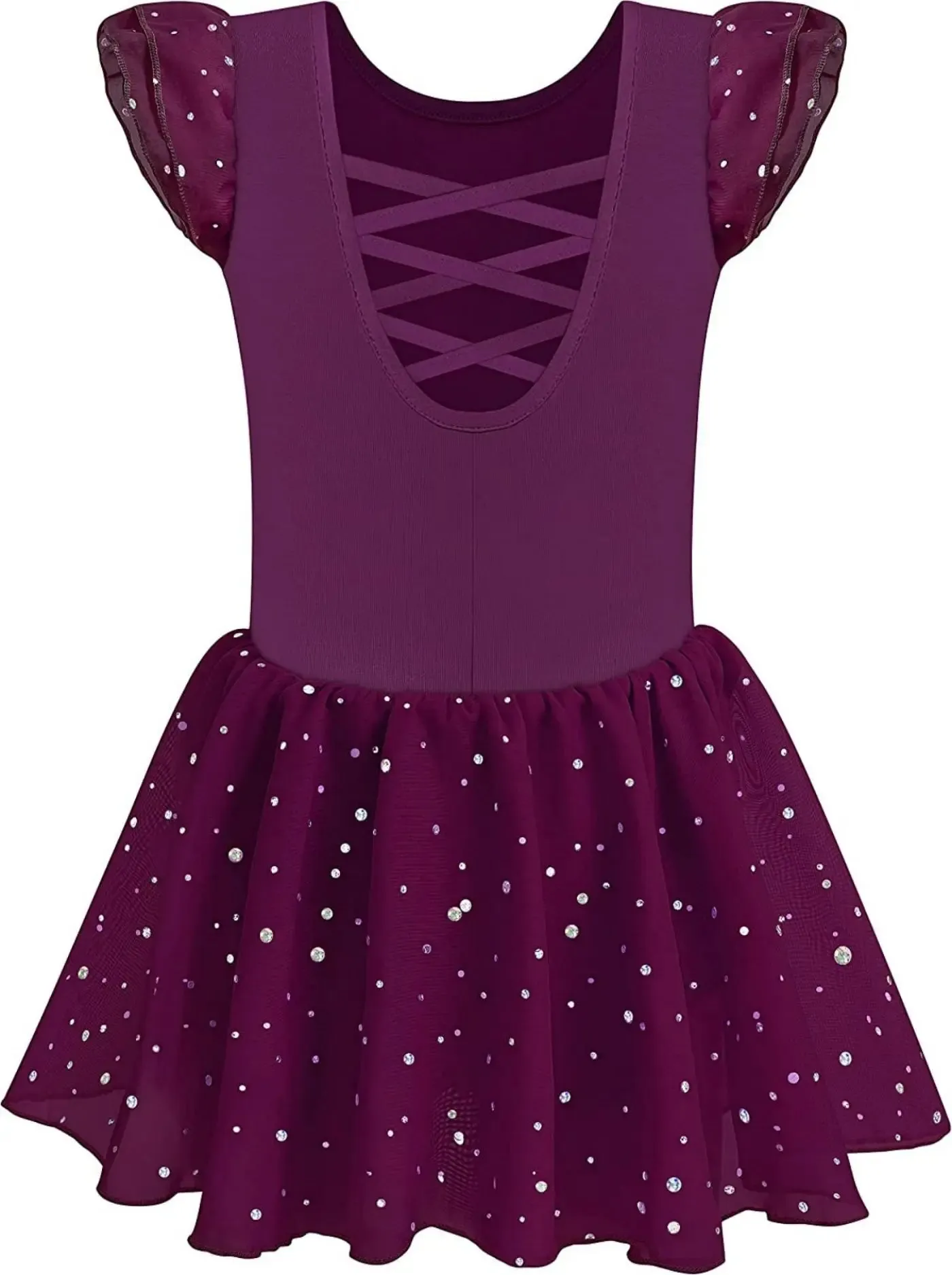 Shiny Skirt Ballet Dance Leotard for Girls - Ruffle Sleeve with Crisscross Back