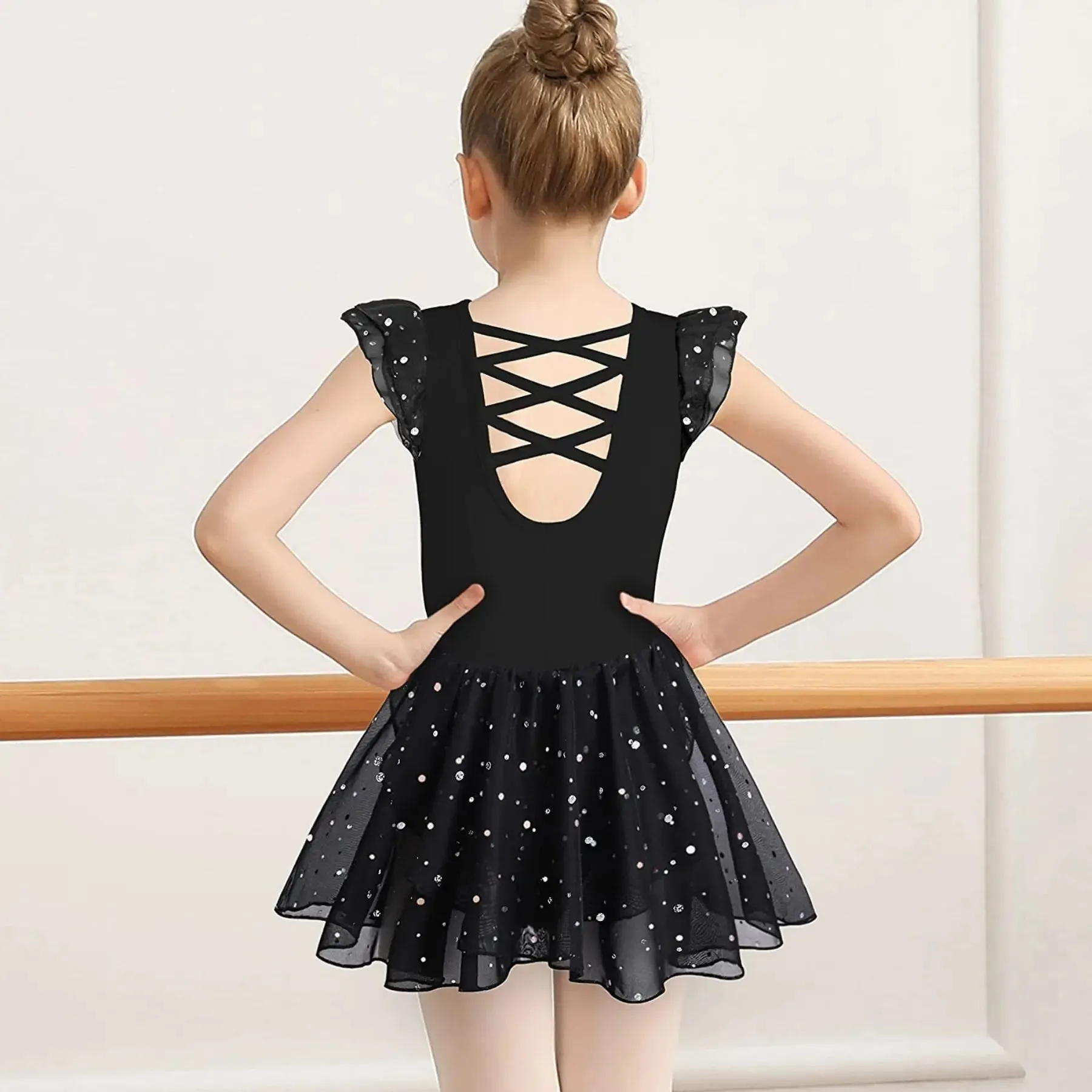 Shiny Skirt Ballet Dance Leotard for Girls - Ruffle Sleeve with Crisscross Back