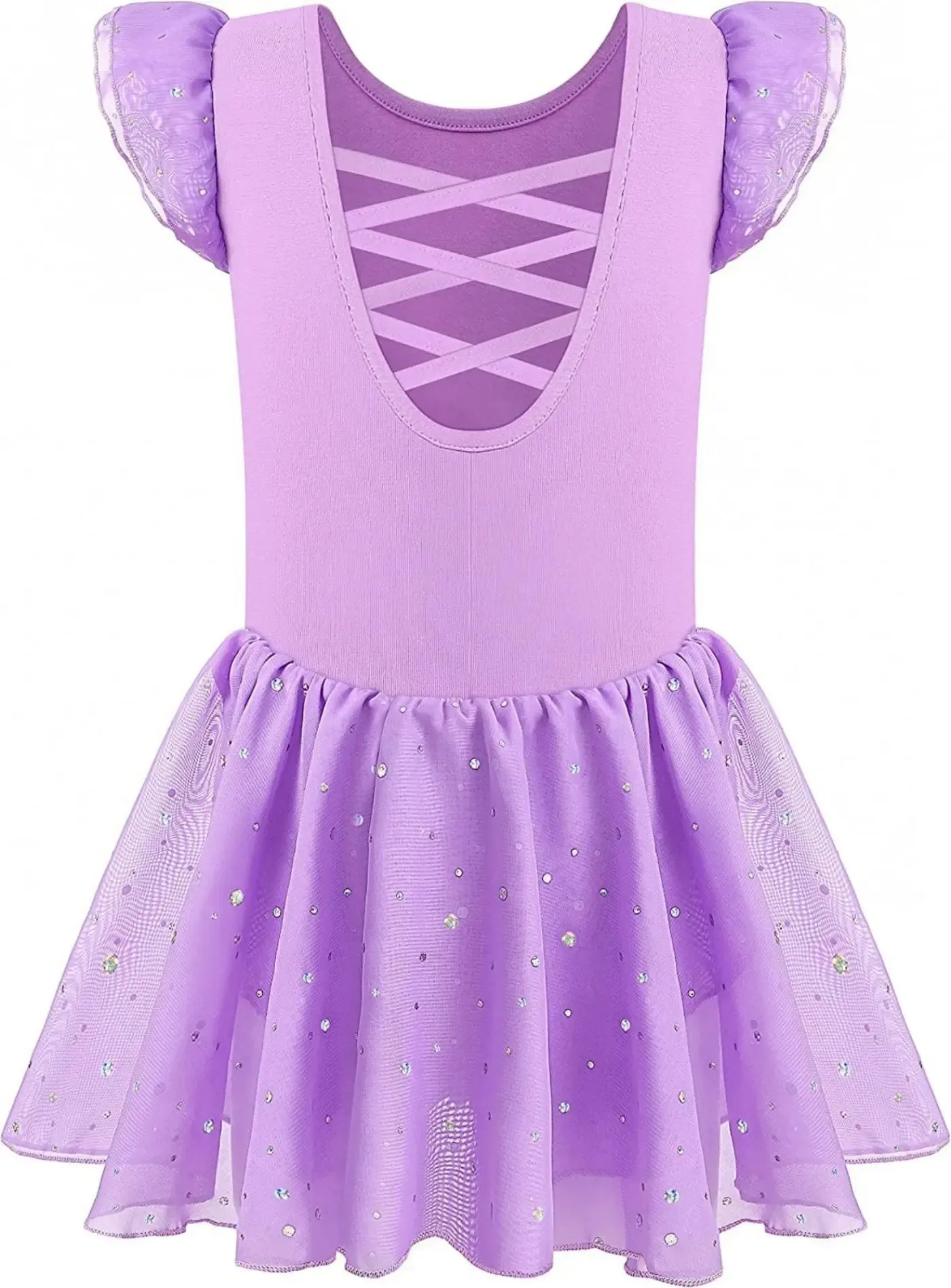 Shiny Skirt Ballet Dance Leotard for Girls - Ruffle Sleeve with Crisscross Back