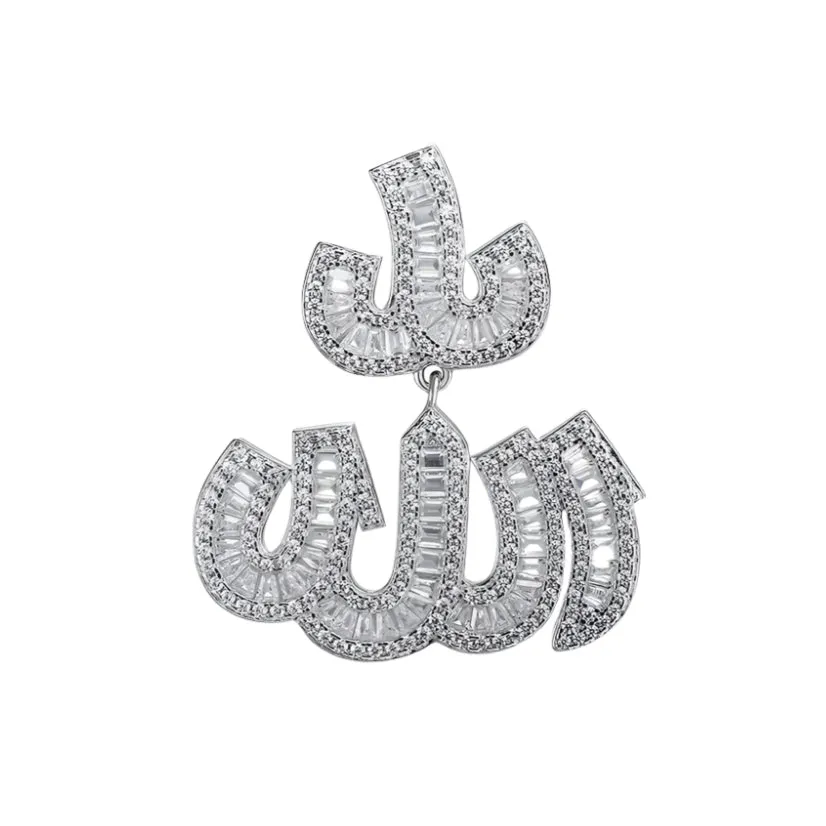 Silver Arabic Allah Religious w/ baguette Cubic Zirconia 1.5" Pendant Charm - C4128919