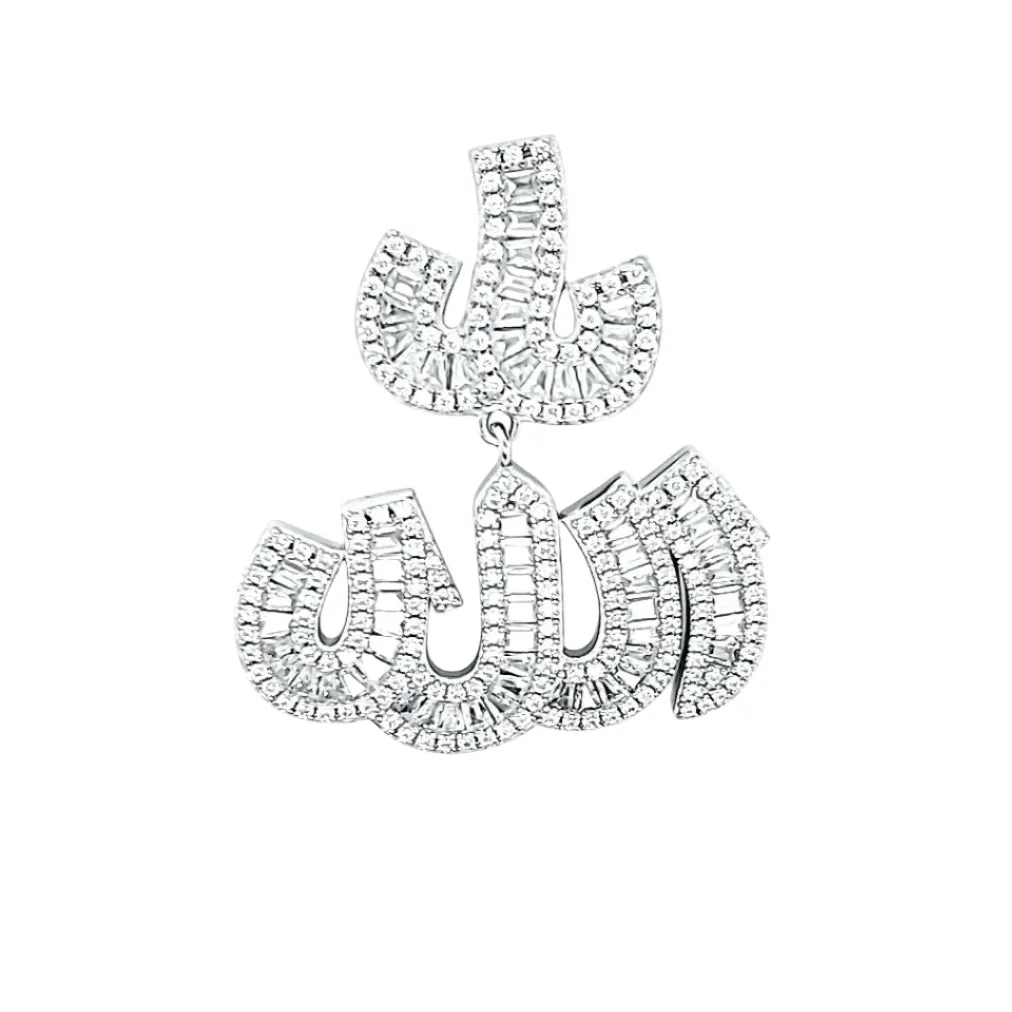 Silver Arabic Allah Religious w/ baguette Cubic Zirconia 1.5" Pendant Charm - C4128919