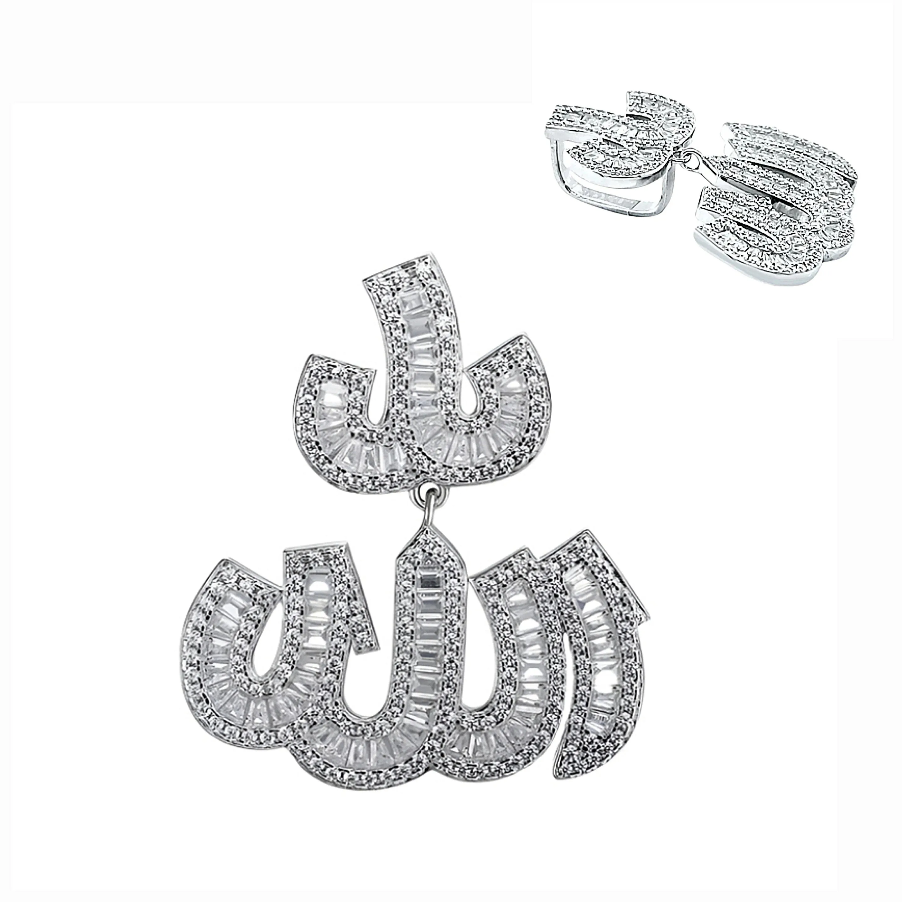 Silver Arabic Allah Religious w/ baguette Cubic Zirconia 1.5" Pendant Charm - C4128919