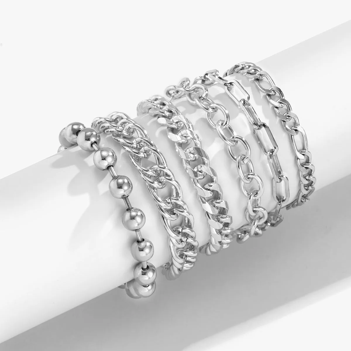 Silver-Plated Curb Chain Six-Piece Bracelet Set