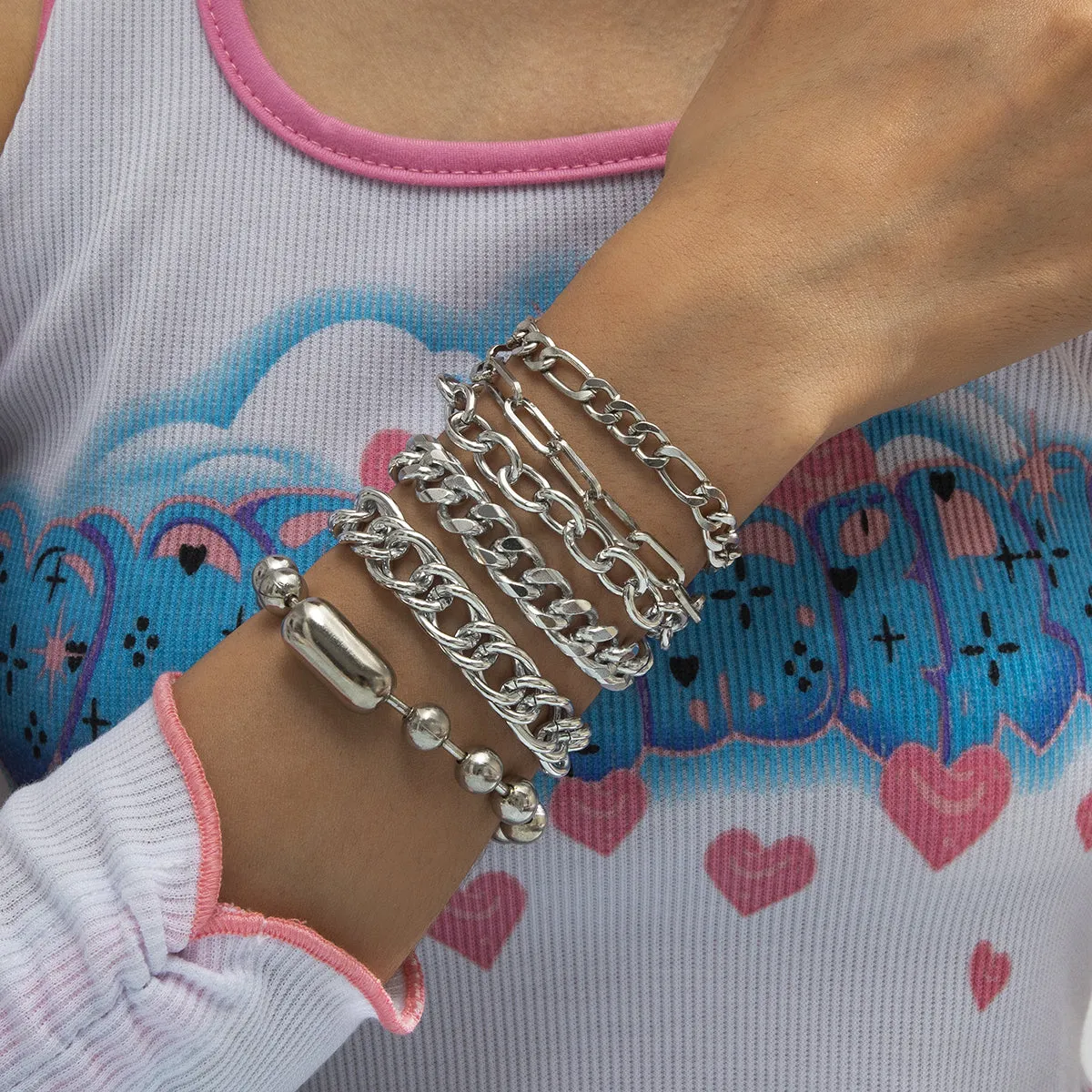 Silver-Plated Curb Chain Six-Piece Bracelet Set