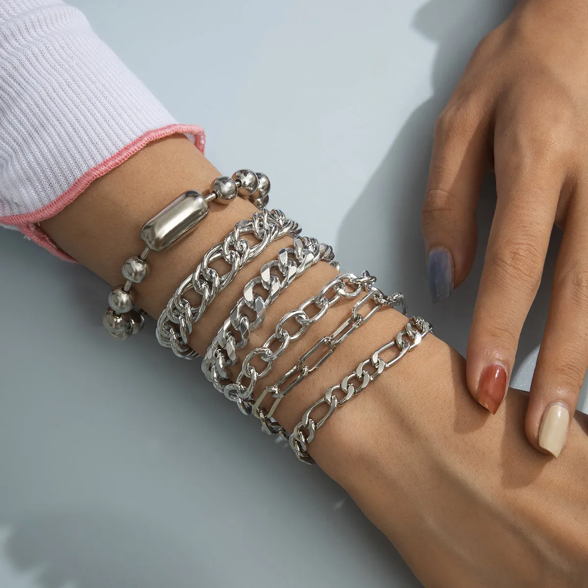 Silver-Plated Curb Chain Six-Piece Bracelet Set