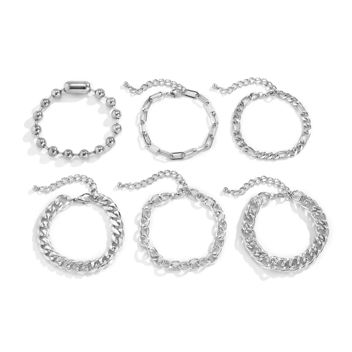 Silver-Plated Curb Chain Six-Piece Bracelet Set