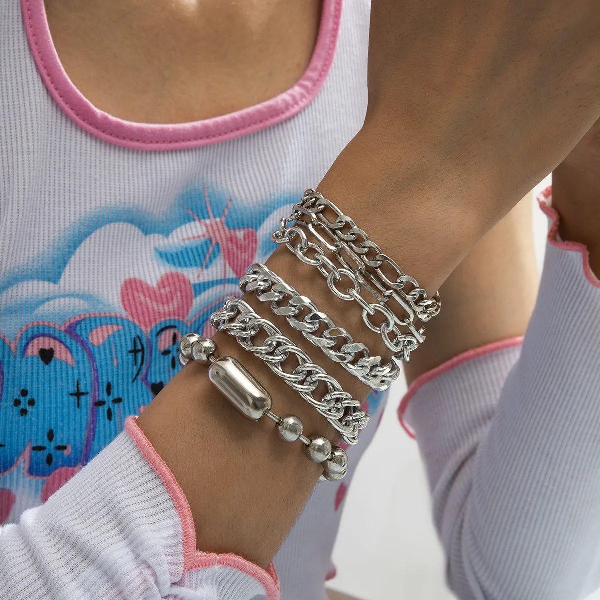 Silver-Plated Curb Chain Six-Piece Bracelet Set