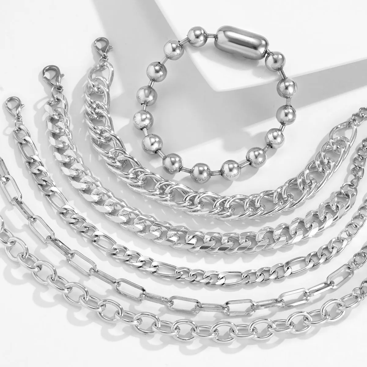 Silver-Plated Curb Chain Six-Piece Bracelet Set
