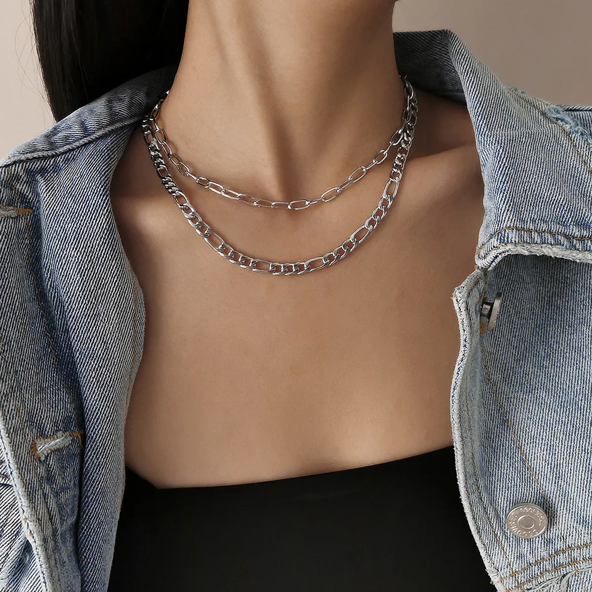 Silver-Plated Figaro Layered Necklace