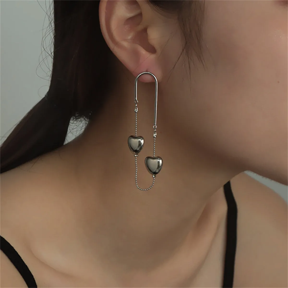 Silver-Plated Heart Chain Drop Earrings