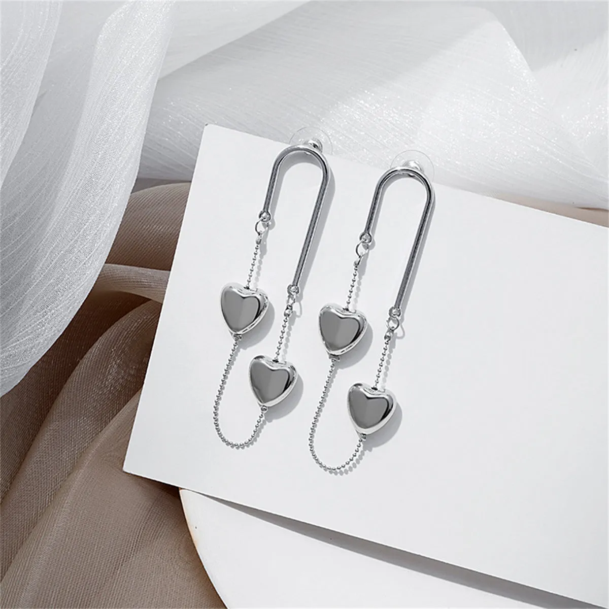 Silver-Plated Heart Chain Drop Earrings