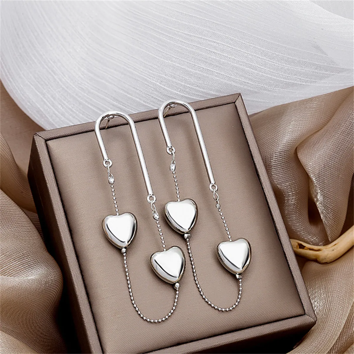 Silver-Plated Heart Chain Drop Earrings