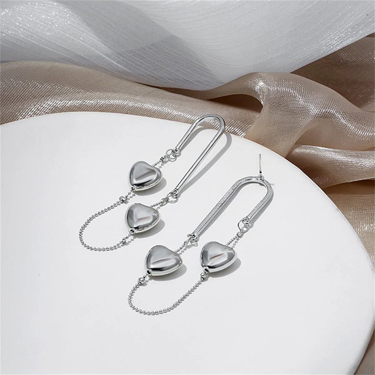 Silver-Plated Heart Chain Drop Earrings