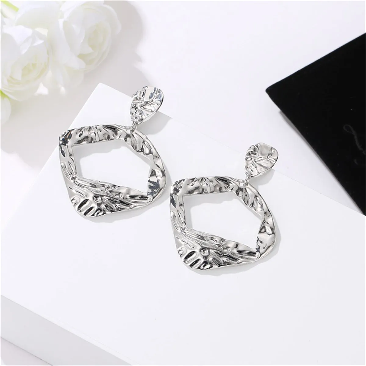 Silver-Plated Open Diamond-Shape Drop Earrings