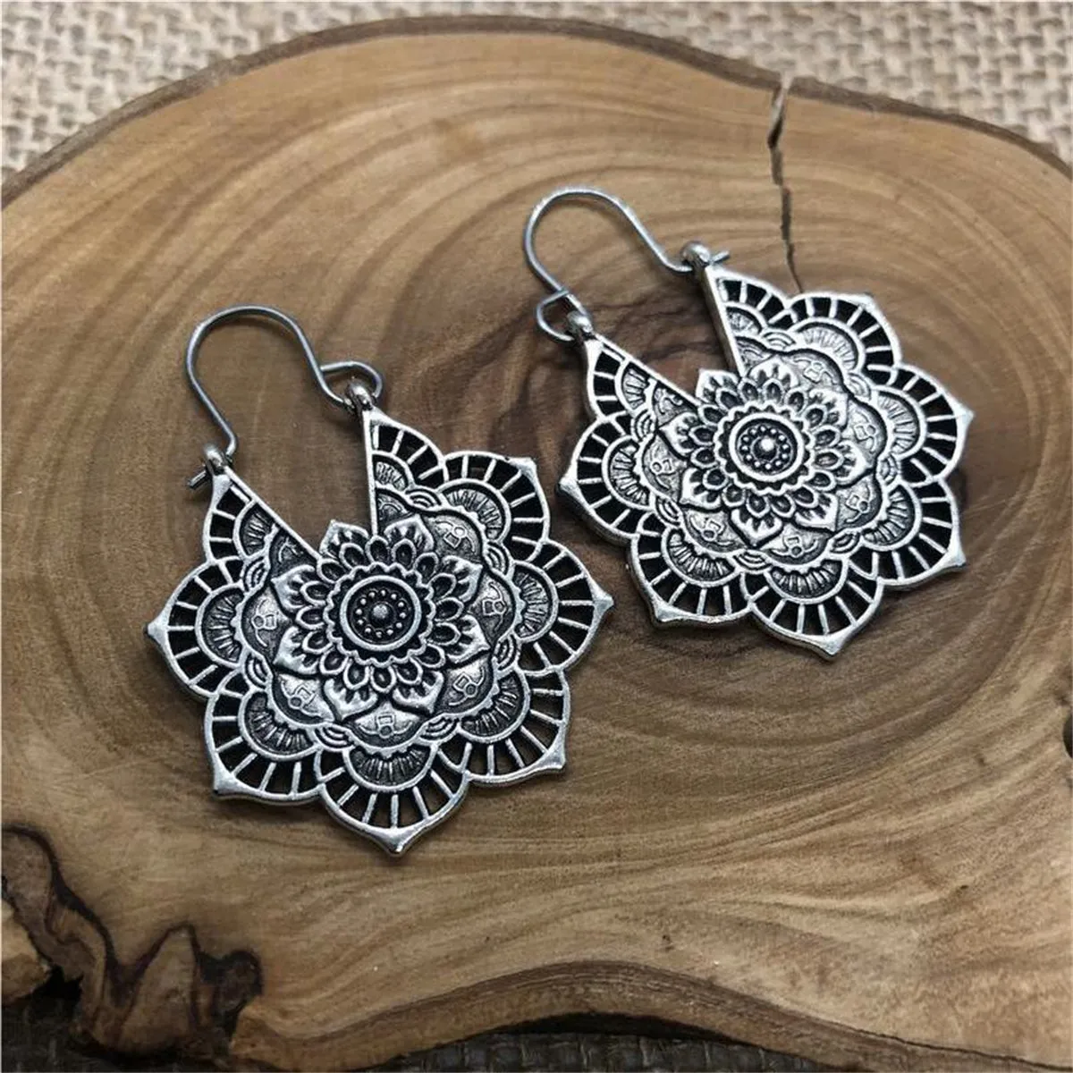 Silver-Plated Openwork Flower Drop Earrings
