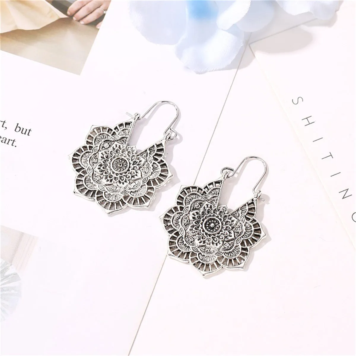 Silver-Plated Openwork Flower Drop Earrings