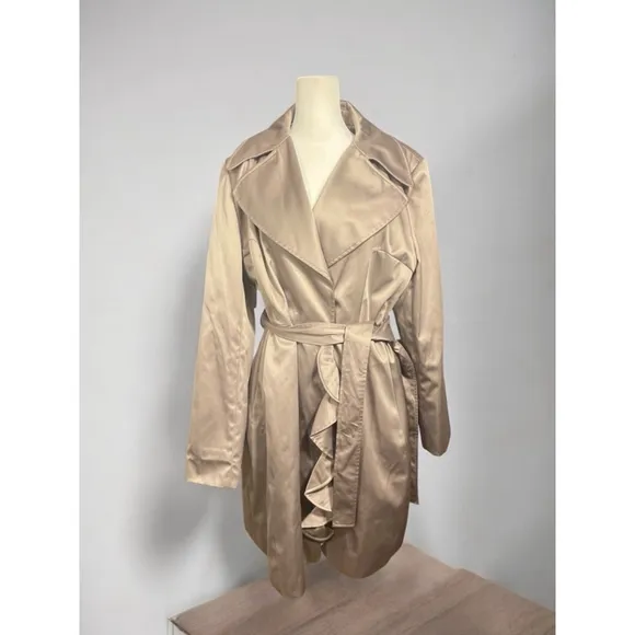 Size XL Women's Tahari Beige /Brown / Stone Neutral Trench Coat Ruffles Belt.