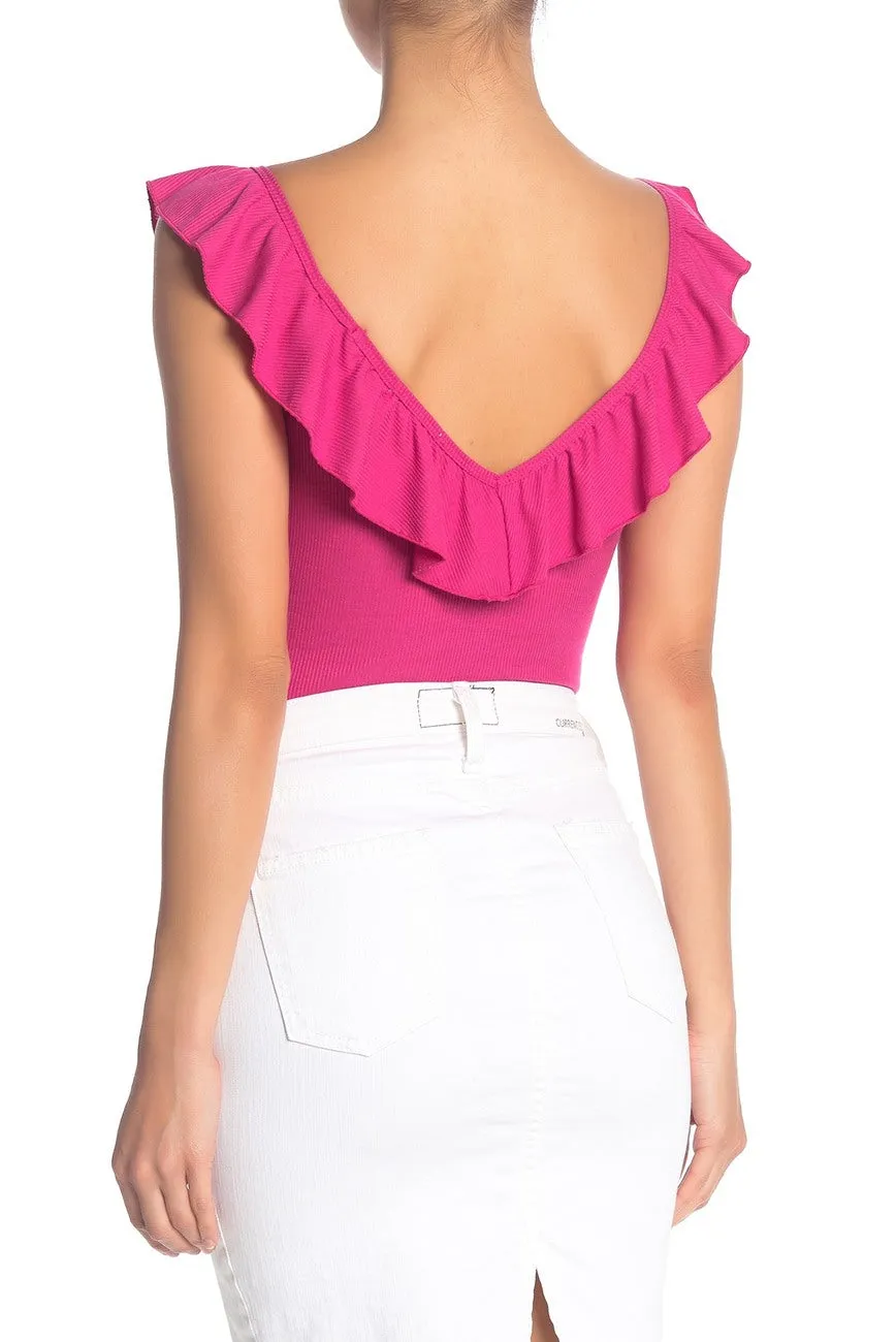 Socialite Neon Pink Ruffled Double V-Neck Sleeveless Bodysuit, Women's Nordstrom Item! Sz L! Retails $50 
