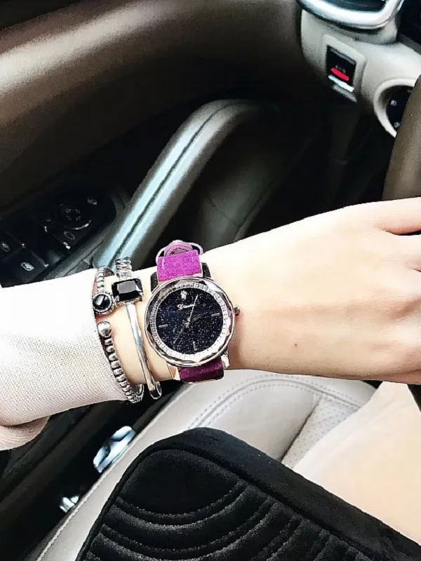 Starry Pattern With Rhinestone Leather Strap Women's Watch