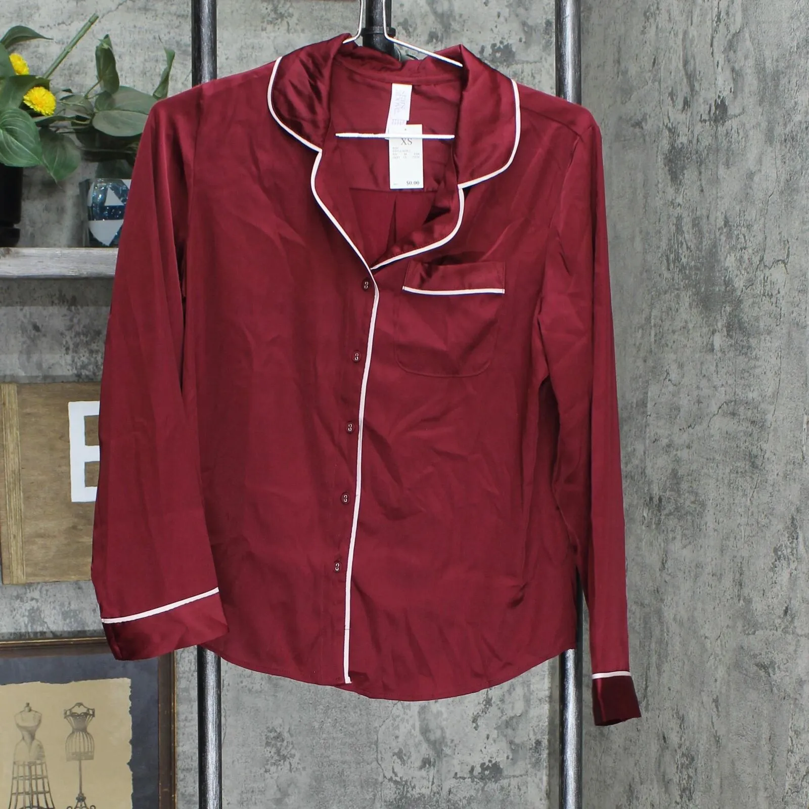 Stars Above Women's 2pc Satin Long Sleeve Collar Top Shorts Pajama Set  Red XS