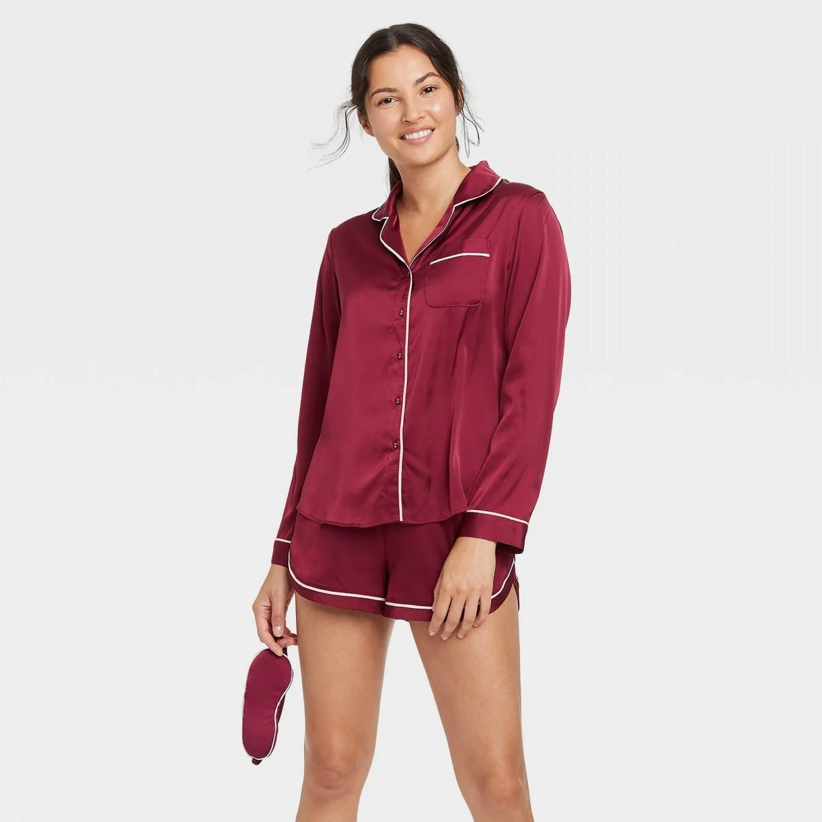 Stars Above Women's 2pc Satin Long Sleeve Collar Top Shorts Pajama Set  Red XS