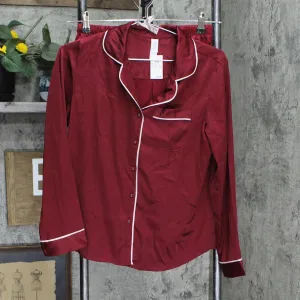 Stars Above Women's 2pc Satin Long Sleeve Collar Top Shorts Pajama Set  Red XS