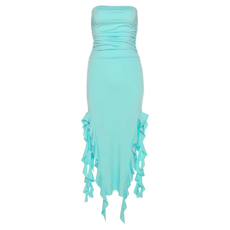 Strapless Ruffle Hem Slit Midi Dress