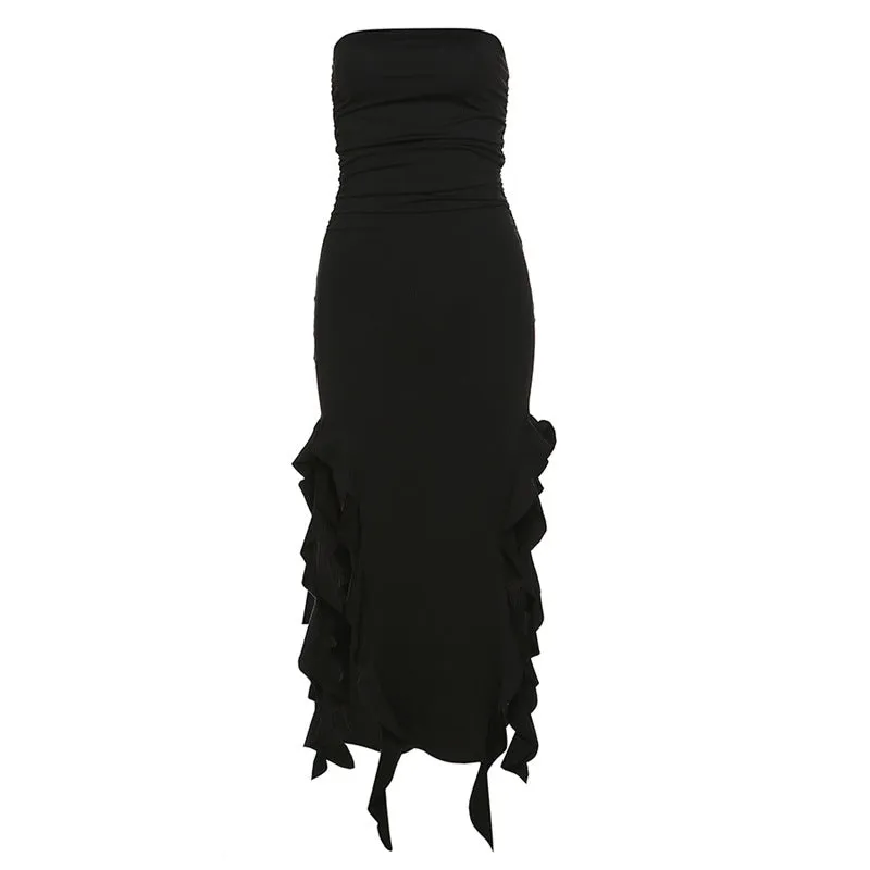 Strapless Ruffle Hem Slit Midi Dress