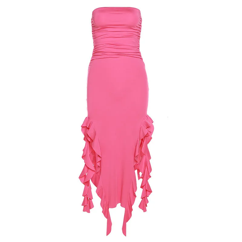 Strapless Ruffle Hem Slit Midi Dress