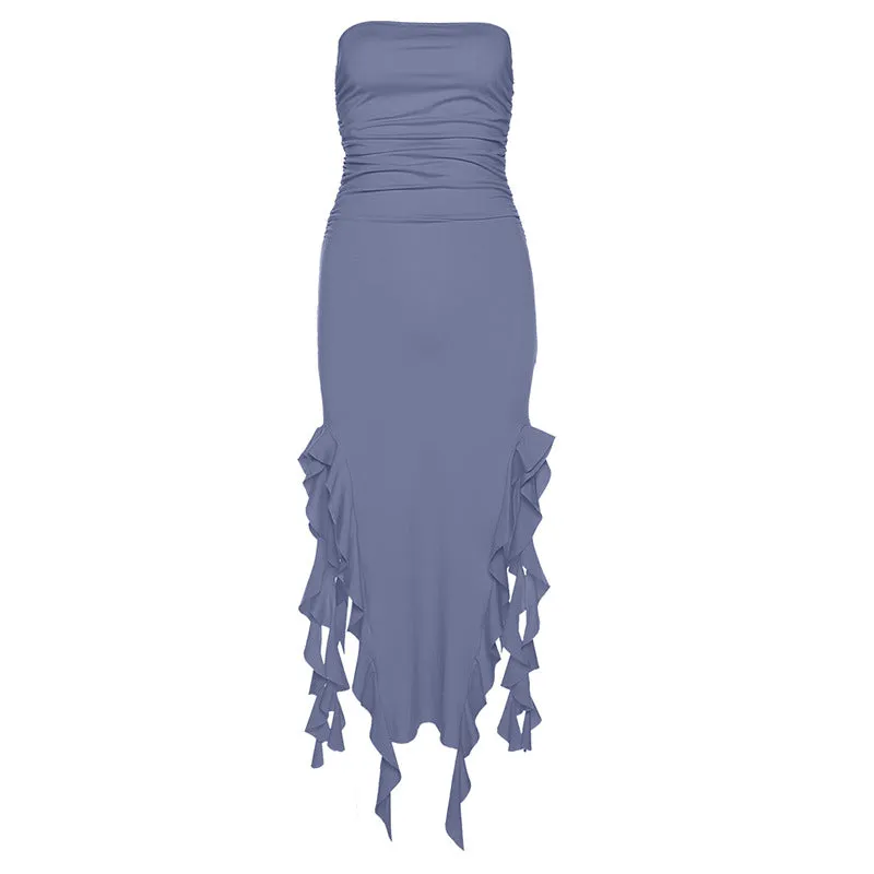 Strapless Ruffle Hem Slit Midi Dress