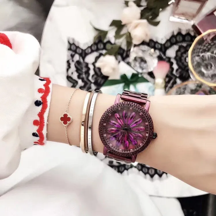 Sunflower Pattern Stainless Steel Strap Women's Watch