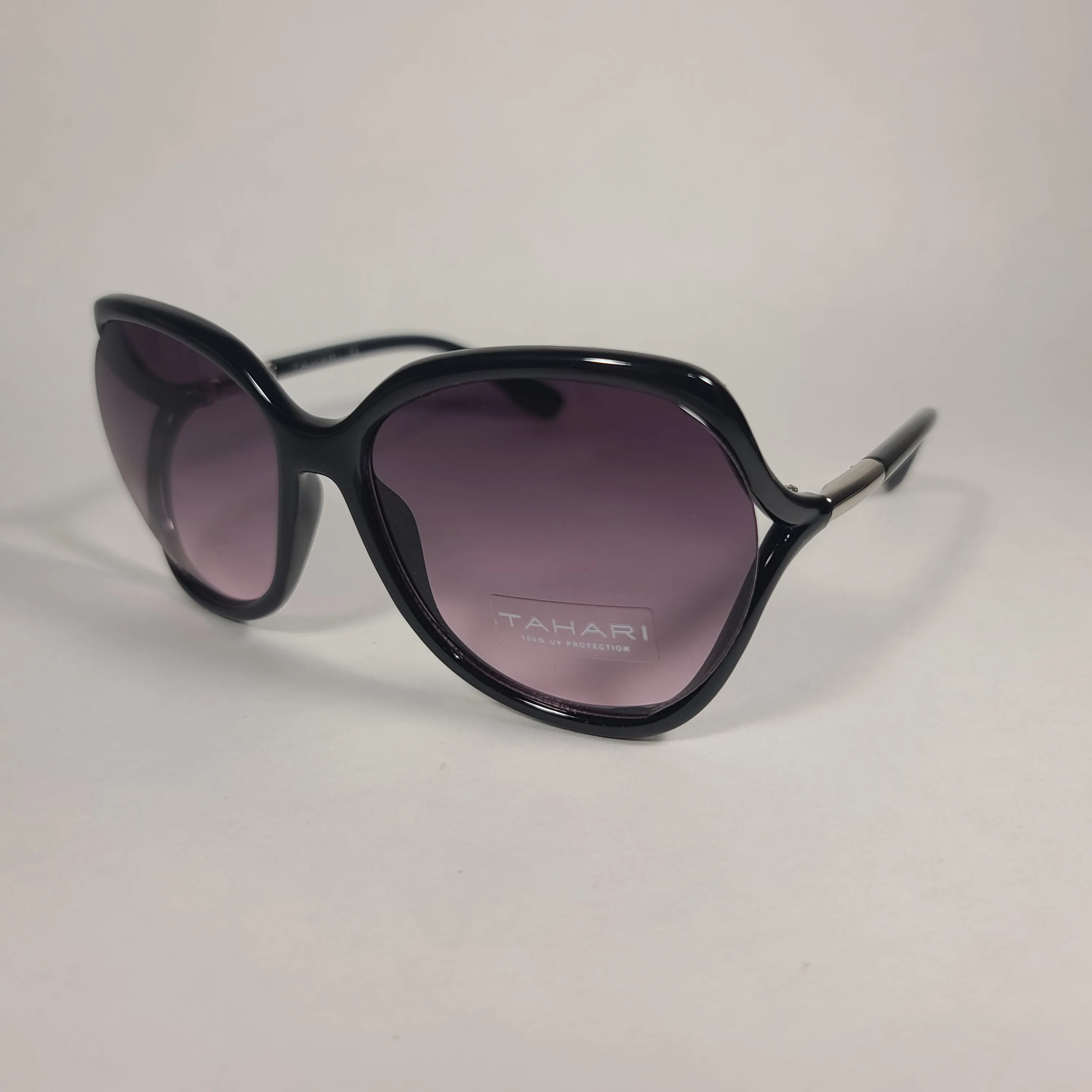 Tahari Butterfly Vented Sunglasses Shiny Black Frame Smoke Gradient Lens TH740 OX