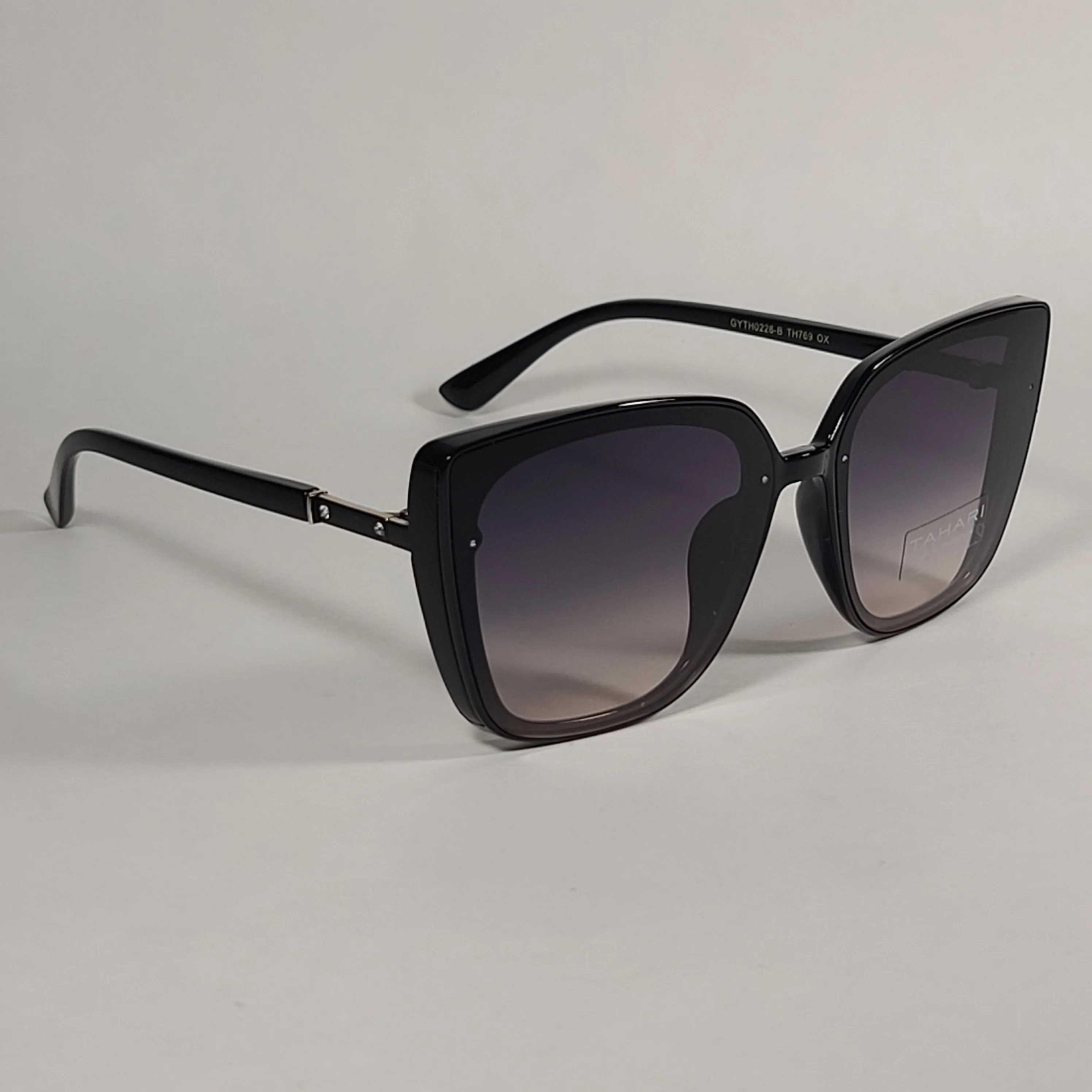 Tahari Cat Eye Square Sunglasses Shiny Black Frame Gray Smoke Gradient Lens TH769 OX