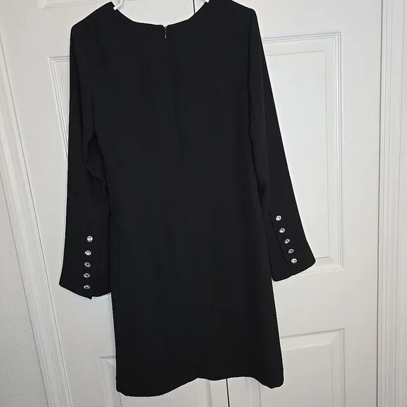 Talbots Size 6‎ Black Shift Dress Crepe Long Sleeve Crystal Jeweled Buttons Cuff
