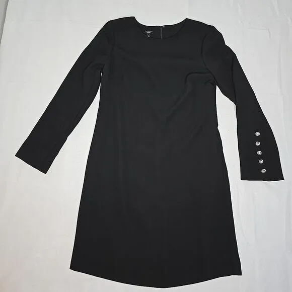 Talbots Size 6‎ Black Shift Dress Crepe Long Sleeve Crystal Jeweled Buttons Cuff