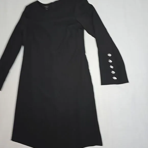 Talbots Size 6‎ Black Shift Dress Crepe Long Sleeve Crystal Jeweled Buttons Cuff