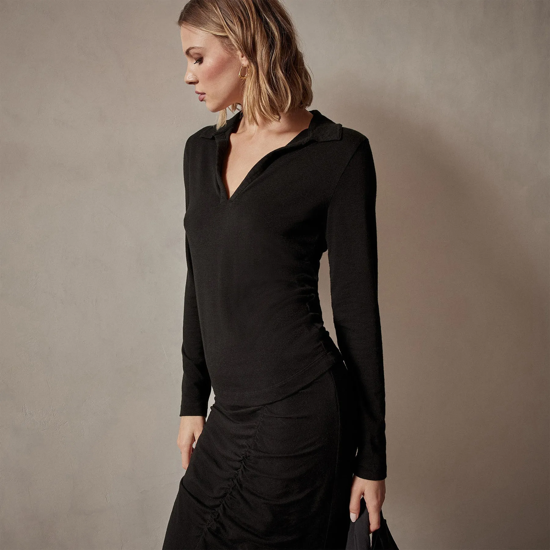 Tencel Cashmere Open Polo - Black