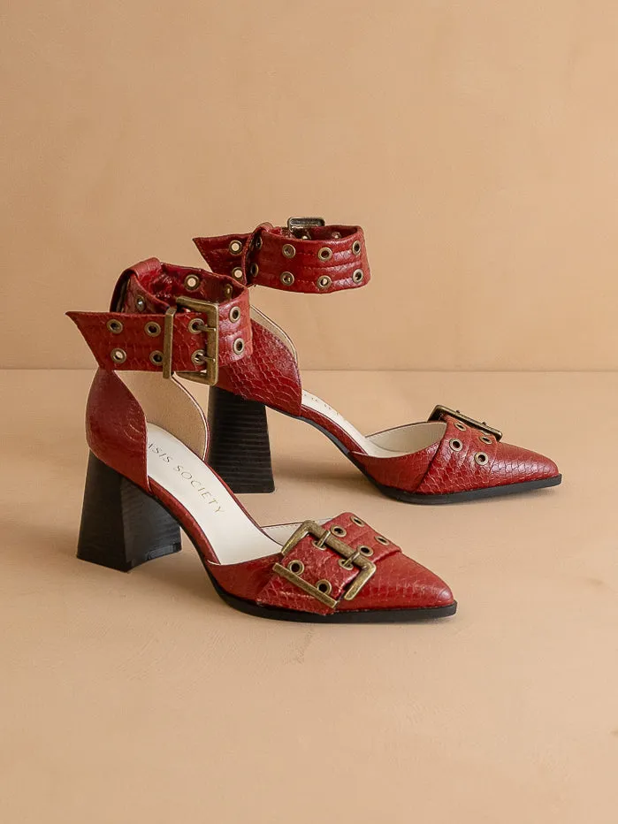 The Lux | Red Double Buckle Pointed Toe Block Heel