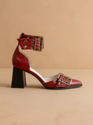 The Lux | Red Double Buckle Pointed Toe Block Heel