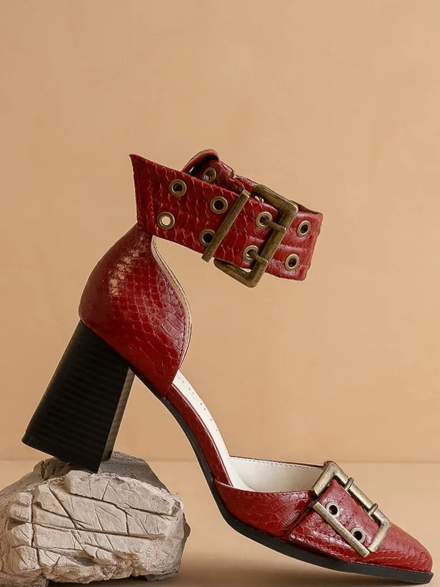 The Lux | Red Double Buckle Pointed Toe Block Heel