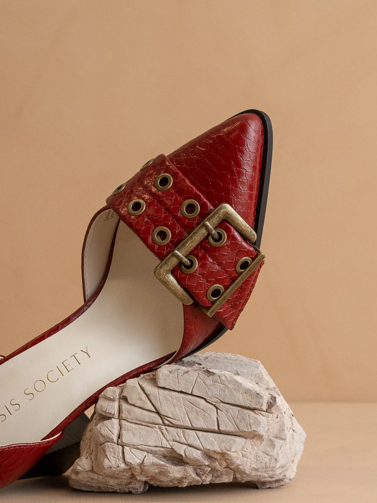 The Lux | Red Double Buckle Pointed Toe Block Heel