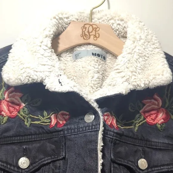 Topshop Moto Black Denim Jacket Sherpa Lined Embroidered Roses Women's Size 6