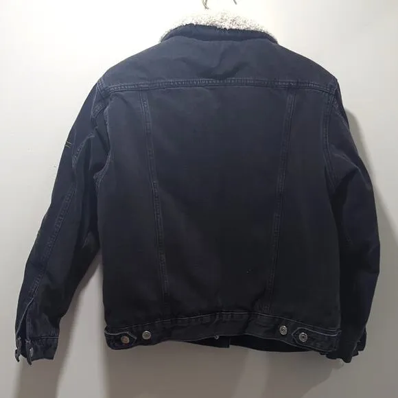 Topshop Moto Black Denim Jacket Sherpa Lined Embroidered Roses Women's Size 6