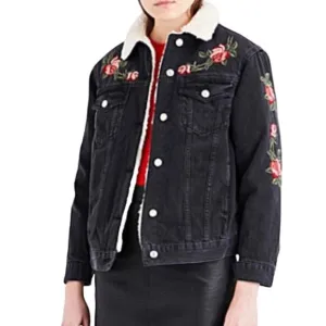 Topshop Moto Black Denim Jacket Sherpa Lined Embroidered Roses Women's Size 6