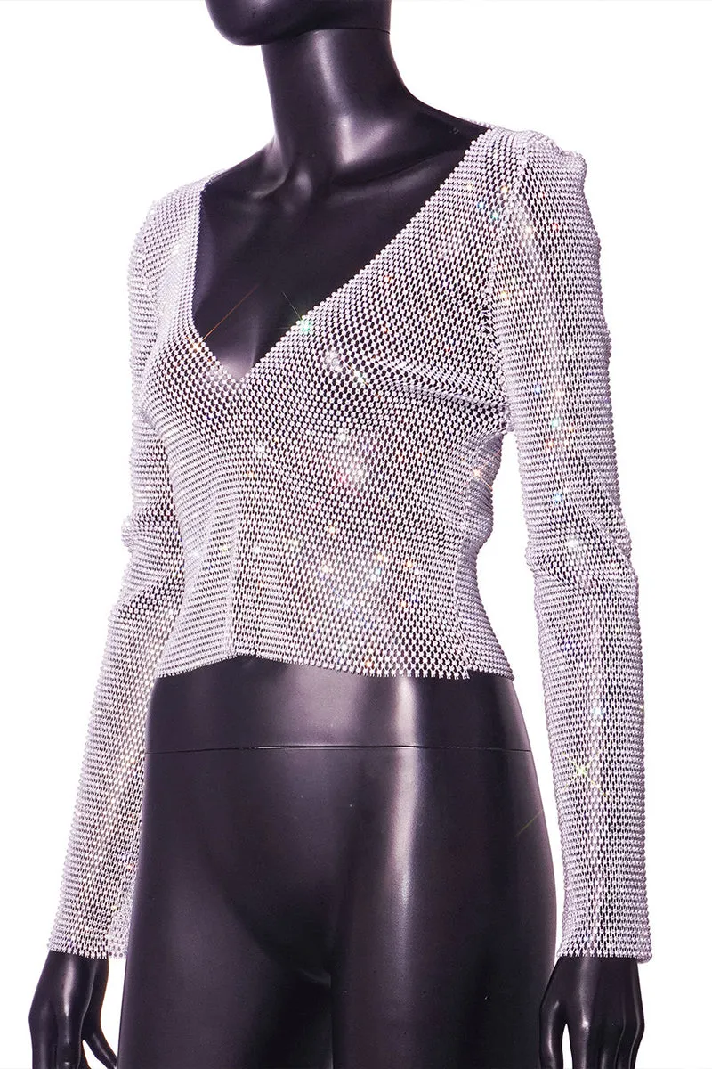 TR3025 Fishnet Rhinestones Shirt Top